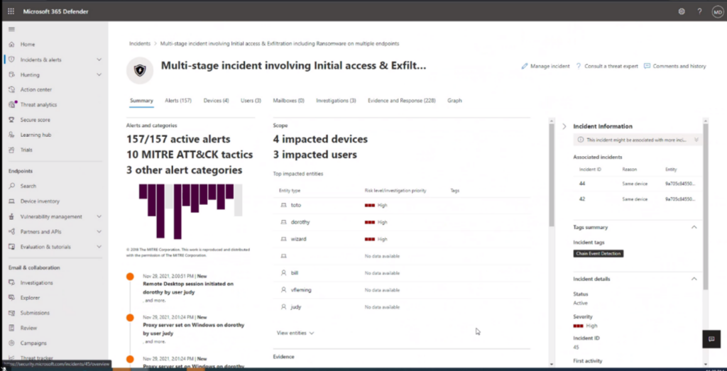 Screenshot of Microsoft 365 Defender detecting the Wizard Spider simulated attack as a single incident.