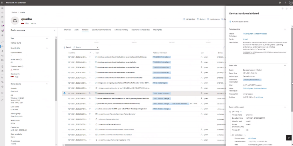 Screenshot of Microsoft 365 Defender detecting system shutdown via WMI.