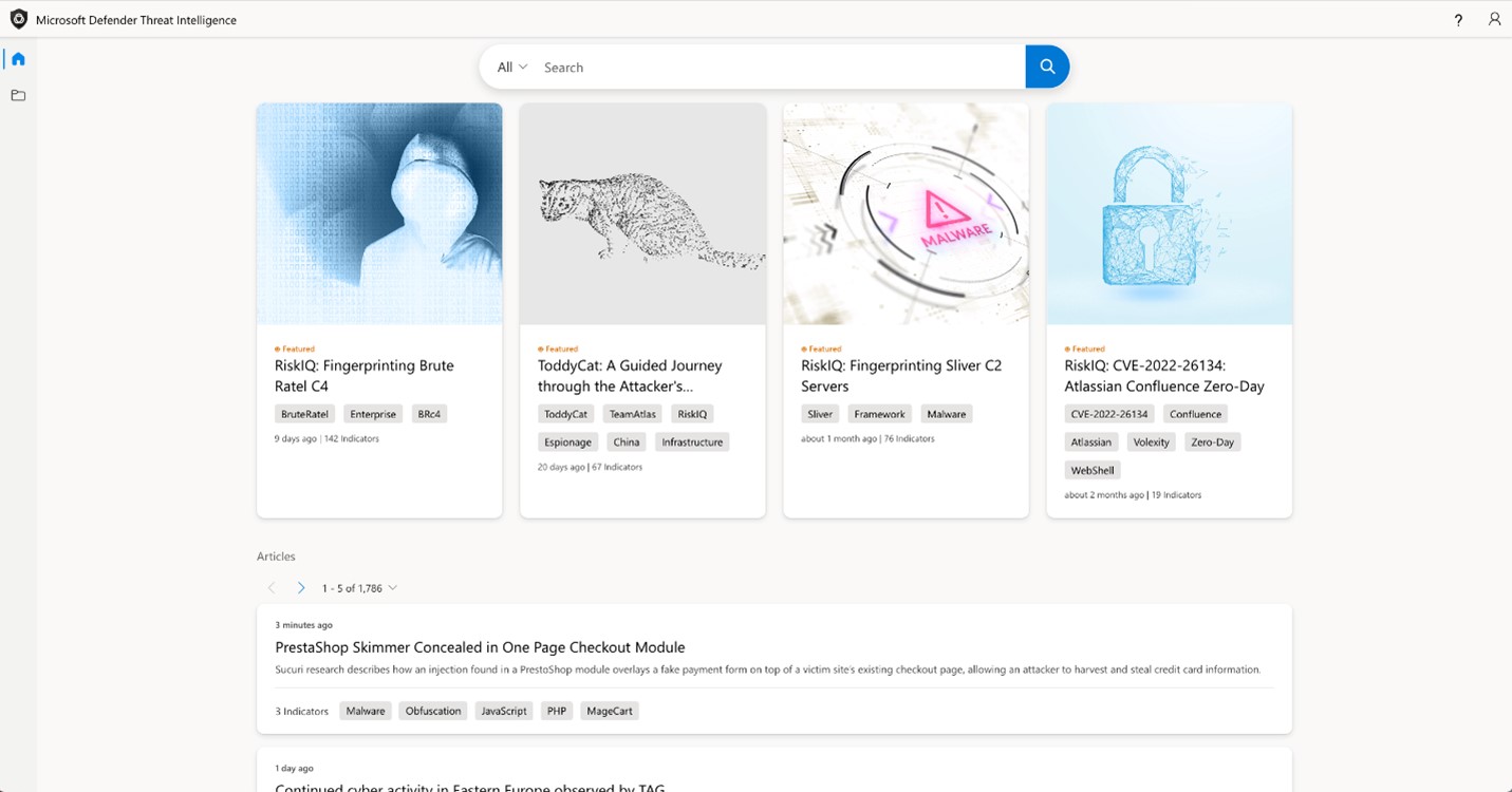Microsoft Defender Threat Intelligence home screen featuring adversary articles for users to read.