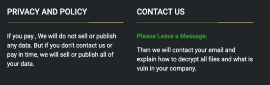 A screenshot from the H0lyGh0st website, presenting two sections in two columns. The column on the left detail their privacy and policy, while the one on the right pertains to their contact information. 