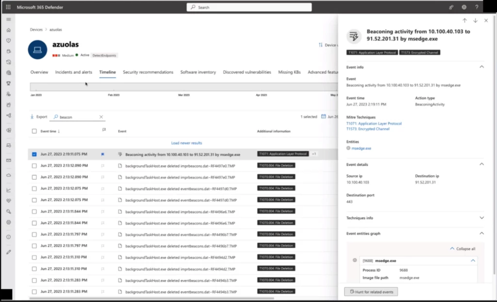 A screenshot of the Microsoft 365 Defender portal showing the product identifying beaconing behavior.