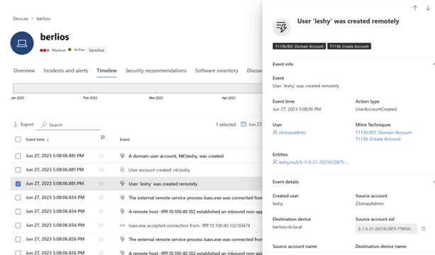 Screenshot of Microsoft 365 Defender portal showing signals from Active Directory indicating the creation of suspicious accounts, aimed at establishing persistence.