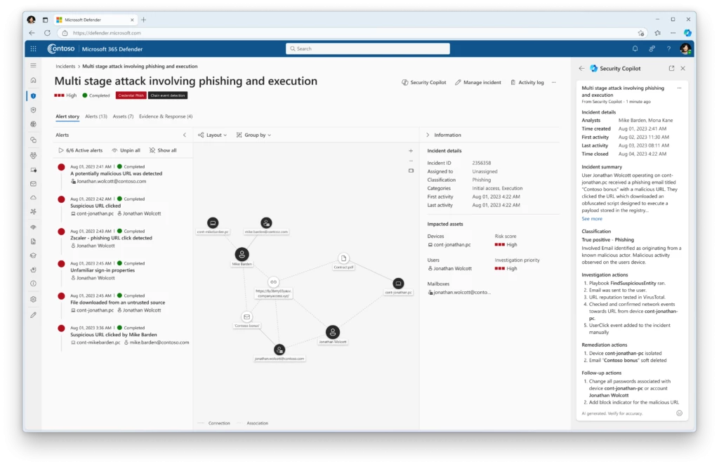 This image shows the embedded Microsoft Security Copilot experienced within the Microsoft 365 Defender portal. This shows what a generated incident report looks like. 