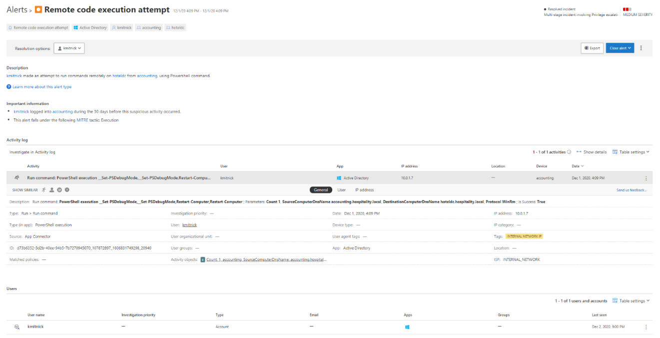 Microsoft Defender for Identity alert on lateral movement by a compromised identity via remote service execution