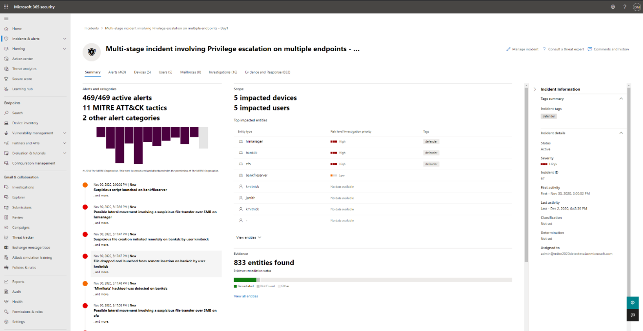 Microsoft 365 security center showing an incident view for one of the two simulated MITRE attacks