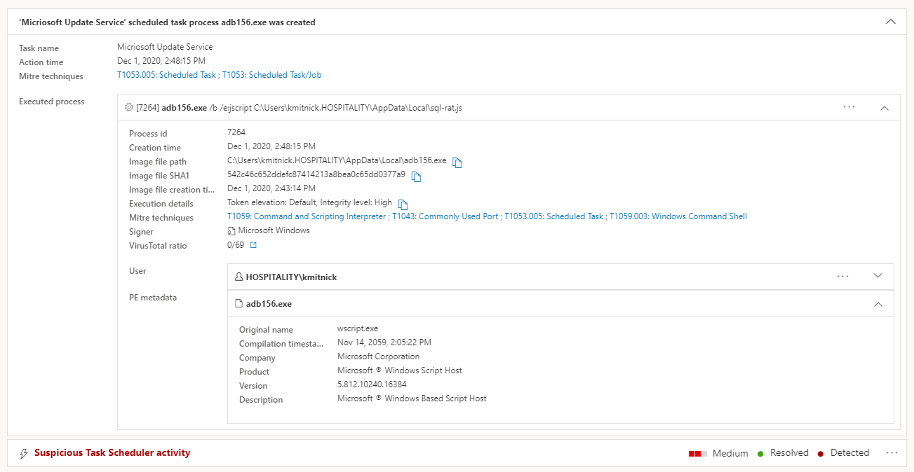 Microsoft 365 security center showing details of one of the endpoint alerts: a suspicious schedule task