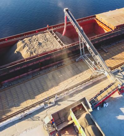 Grain being loaded onto a ship at a Ukrainian port