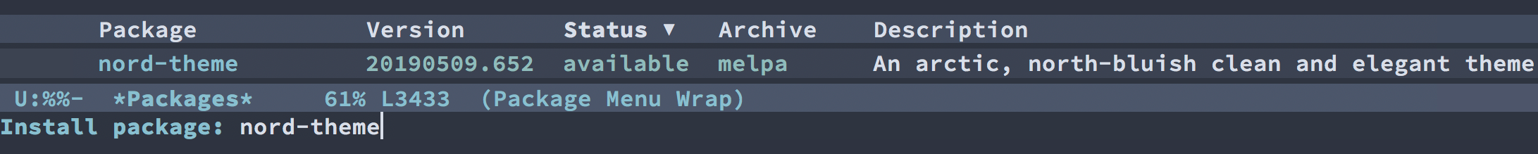 Screenshot showing Emacs package listing and installation command to setup and update Nord through the builtin package manager