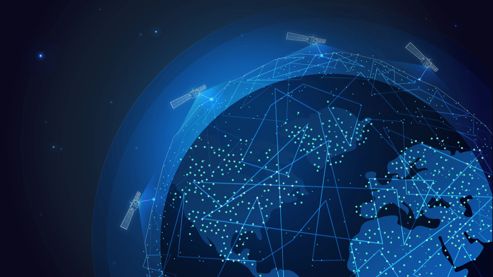 An artistic rendering. We see a line art representation of a commercial satellite relay communicating with Earth over a blue starry background. Four blue commercial satellites are seen surrounding the top half of the Earth. A thin bright blue beam of light is shown connecting each satellite to Earth, as a way to represent the flow of data. The surface of the Earth is covered in many small dots connected by lines to represent communication nodes across near-Earth orbit and on Earth.