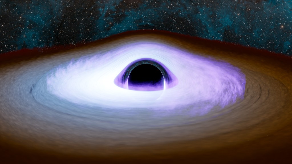 An illustration of a black hole with a dark circle surrounded by light discs.