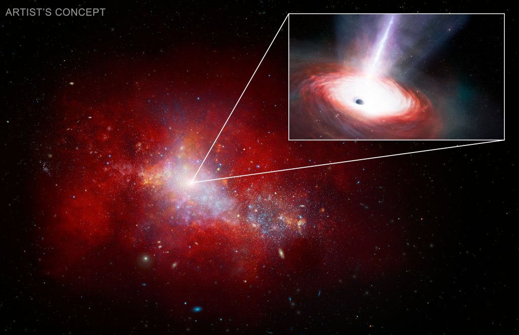 This release features an illustration of the galaxy in which black hole LID-568 resides. A smaller illustration of black hole itself, in an outlined box, is superimposed on top of the galaxy image toward our upper right. Two lines extend from a single point in the middle of the galaxy and terminate on corners of the outlined box containing the black hole illustration. The placement of the lines and outlined box indicate that the superimposed black hole image is an enlargement of a tiny place in the center of the galaxy.