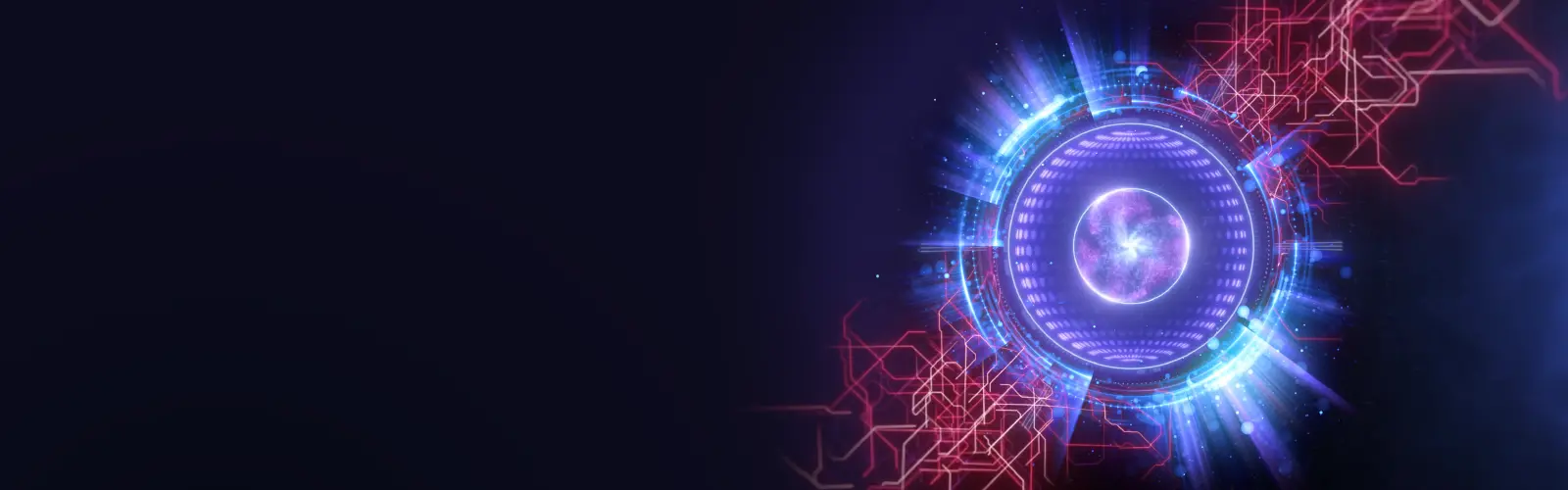 Dark banner with purple glowing orb surrounded by abstract blue circles and red lines