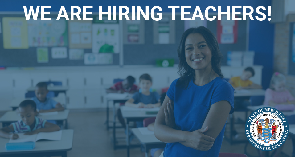 Teacher standing in a classroom with text that reads We are hiring teachers