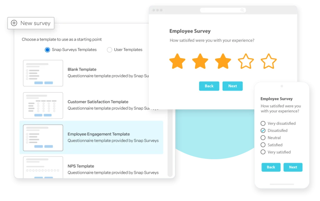 Snap XMP New Survey creation process showing survey templates and multi-mode surveys