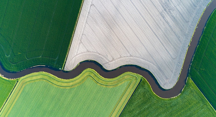 A green field with a river running through it.