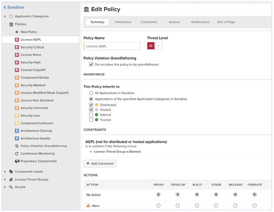 View of the license analysis interface