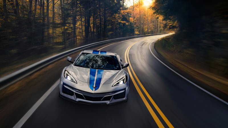 2024 Chevy Corvette E-Ray driving down the road