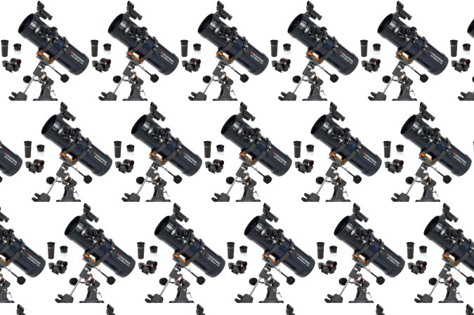 A Celestron telescope in a pattern on a plain background