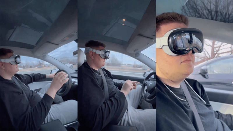 Three screenshots of Tesla driver wearing Apple Vision Pro