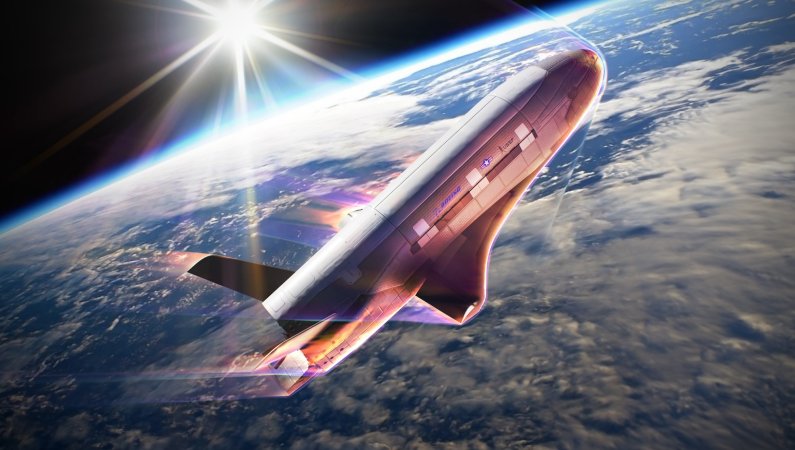 Concept art depicting the X-37B space plane aerobraking above Earth