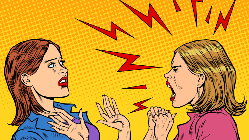 an illustration of one woman yelling and another holding her hands up in shock