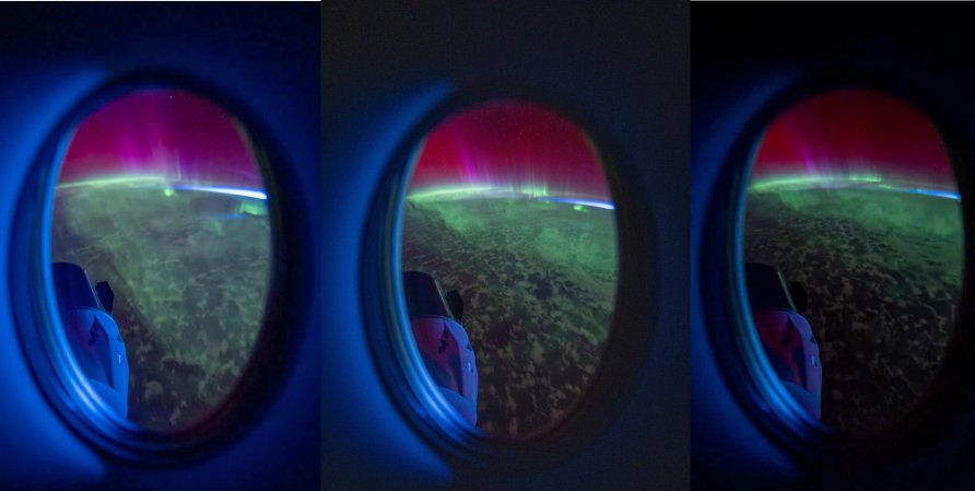 three photos showing aurora from space