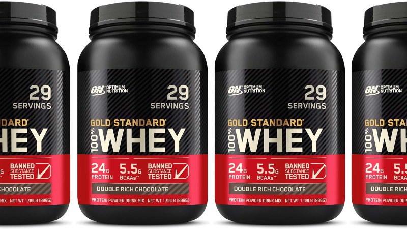 Optimum Nutrition Whey Protein powder in a row