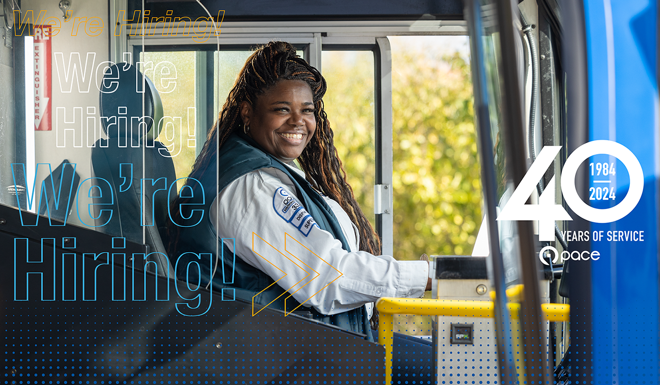 Image of Pace bus driver with the 40-year anniversary logo next to her