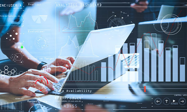 Man working on a laptop close up with an analytics dashboard overlaid over the image