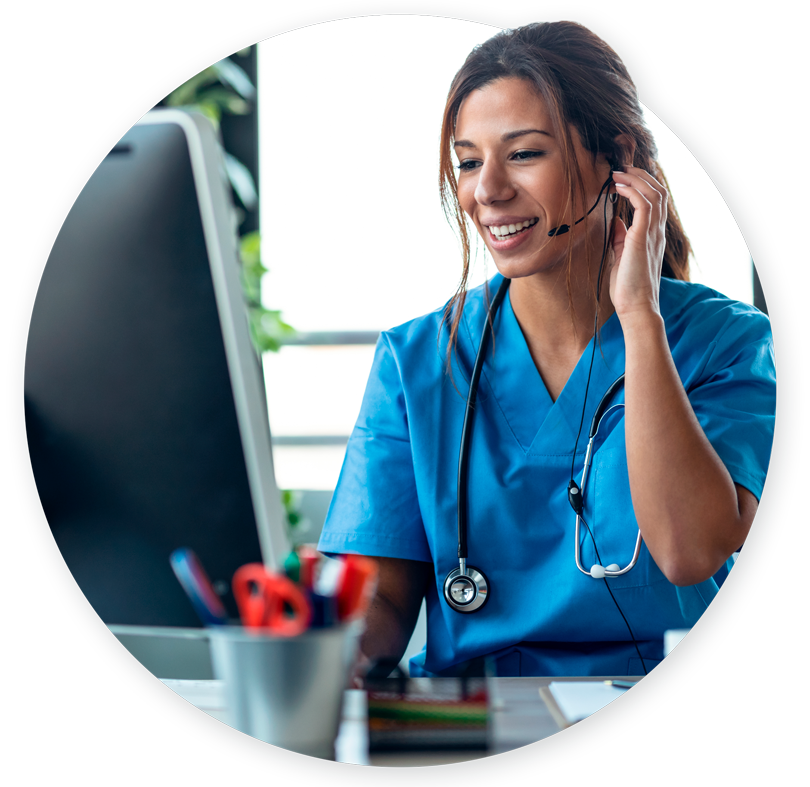 Front desk worker using headset