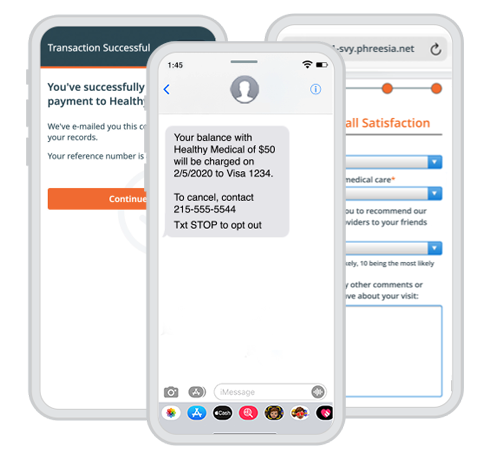 Mobile phone screen showing payment reminder, patient satisfaction survey, and transaction screen