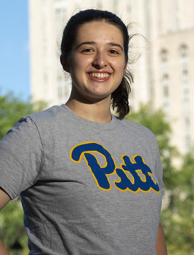 Catherine Cavanaugh wearing grey Pitt shirt