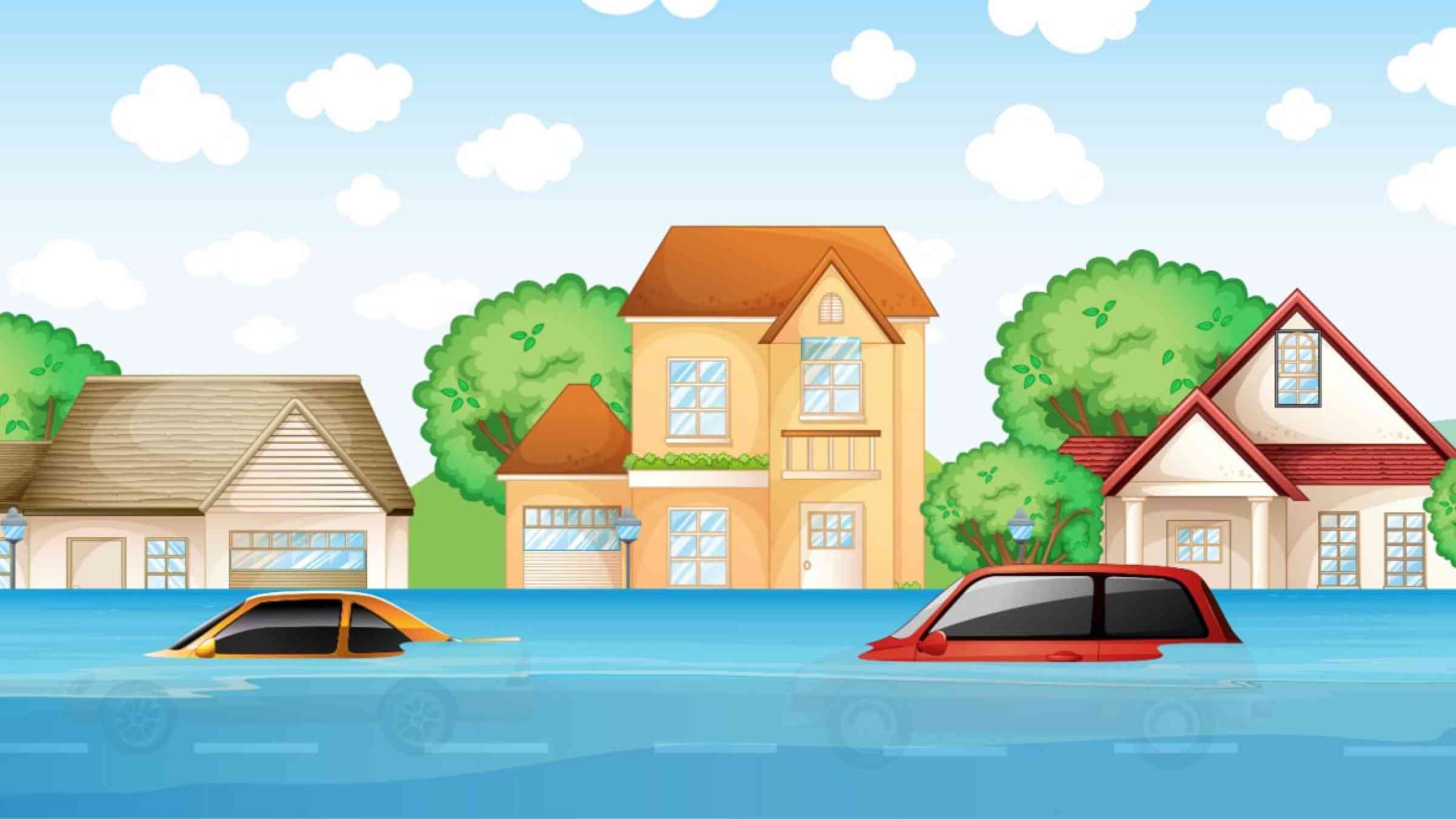 Illustration of houses and cars in a village during a flood.