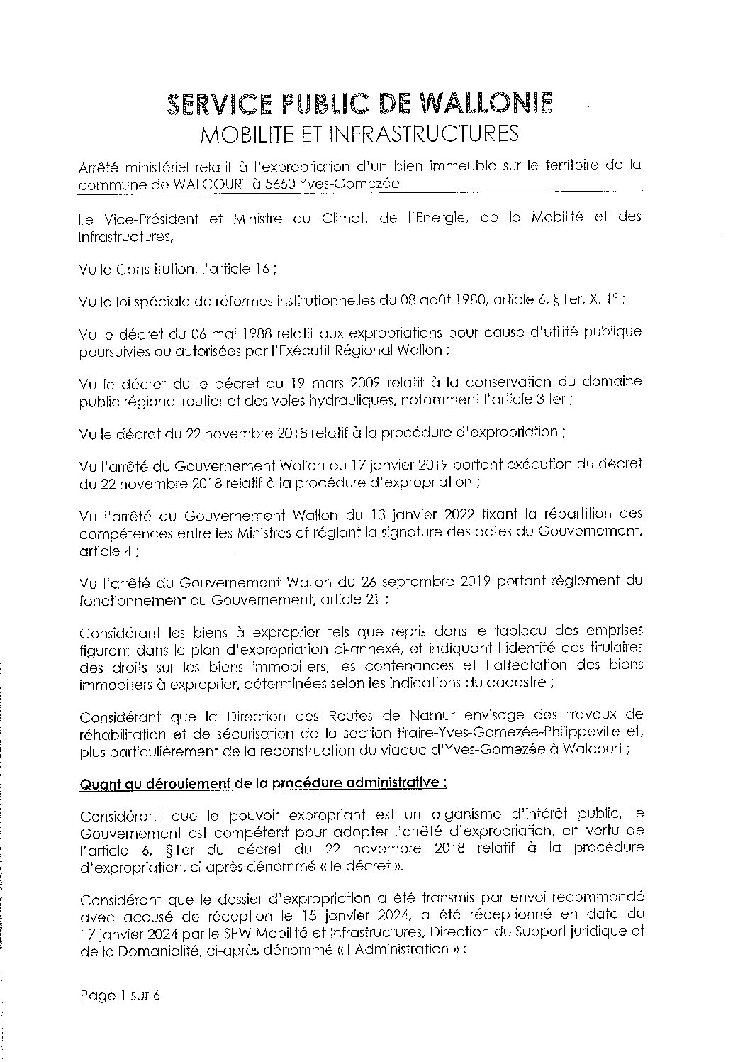 Arrêté ministériel relatif à l’expropriation d’un bien immeuble – Yves-Gomezée