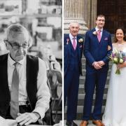 Ron Kirby with a set of papers, and at the wedding of his daughter Victoria, with wife Carole and Victoria's husband, Ryan Keyes