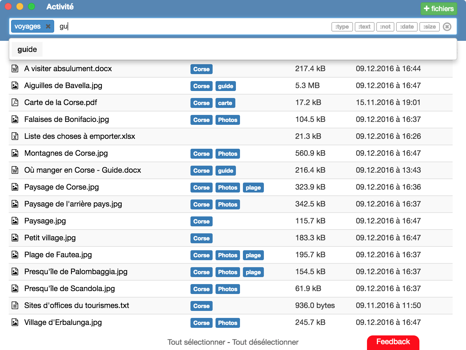 Exemple d'une recherche de fichiers avec TagFlow