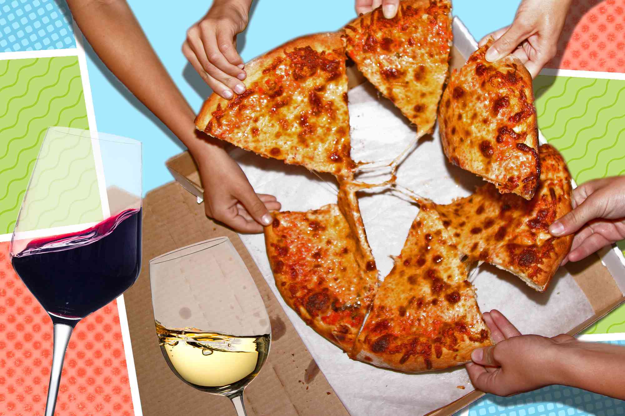 Two glasses of wine clinking next to a box of pizza with several hands coming in to grab slices