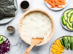 Classic Japanese sushi rice in a wooden bowl