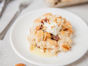 Vegan bread pudding on a white plate