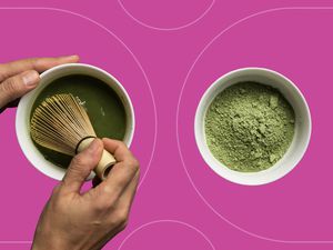 Matcha powder we recommend on a purple background