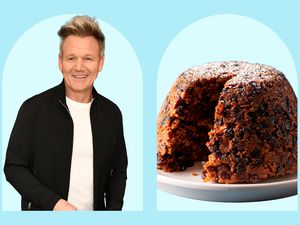 Gordon Ramsay in a black jacket and white t-shirt next to a photo of a steamed Christmas pudding