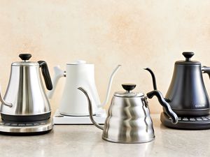 Four gooseneck kettles displayed on an orange background