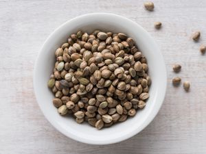 Unshelled hemp seeds in bowl.