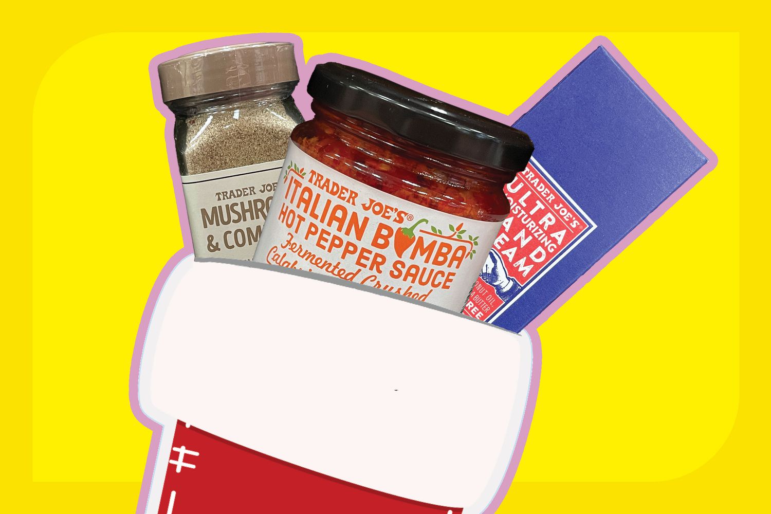 An illustrated red stocking with three Trader Joe's products sticking out the top