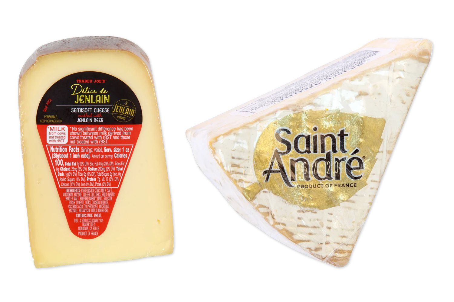 Two kinds of cheese: Saint AndrÃ© and Jenlain soft cheese. Both are from Trader Joe's.