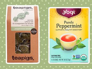 Collage of peppermint teas we recommend on a green background