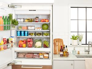 fridge organized using The Spruce and Lowe's organization bins