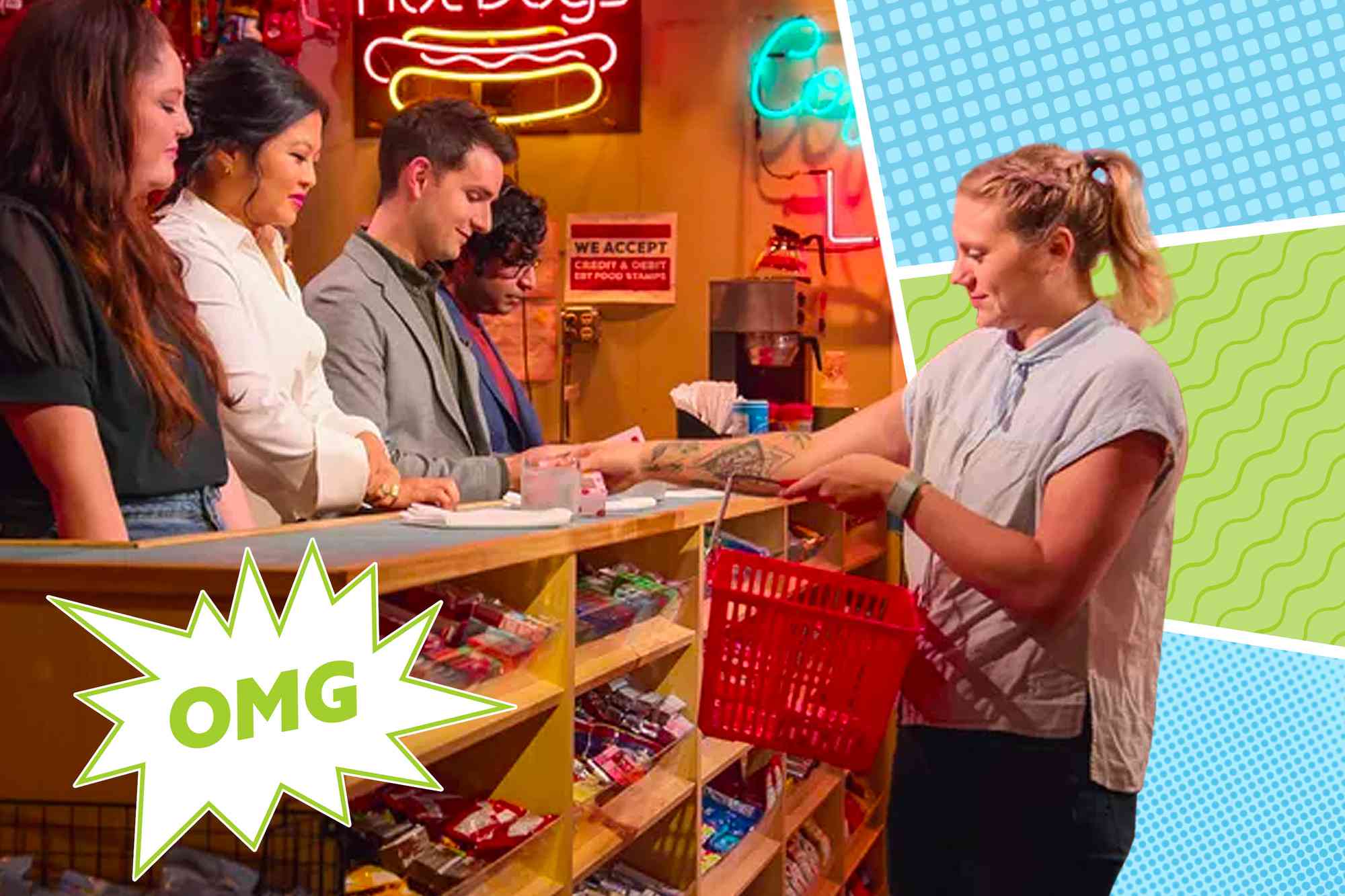 Food Editor, Lauryn Bodden, standing in front of Netflix judges handing them her snacks