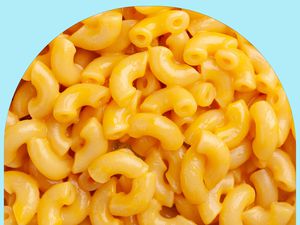 A close up of super creamy, golden mac and cheese