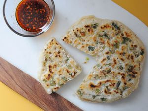 Sourdough starter scallion pancake with dipping sauce